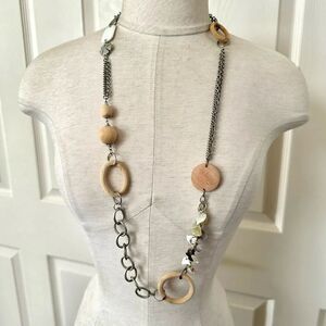 Silver tone wood shell long necklace